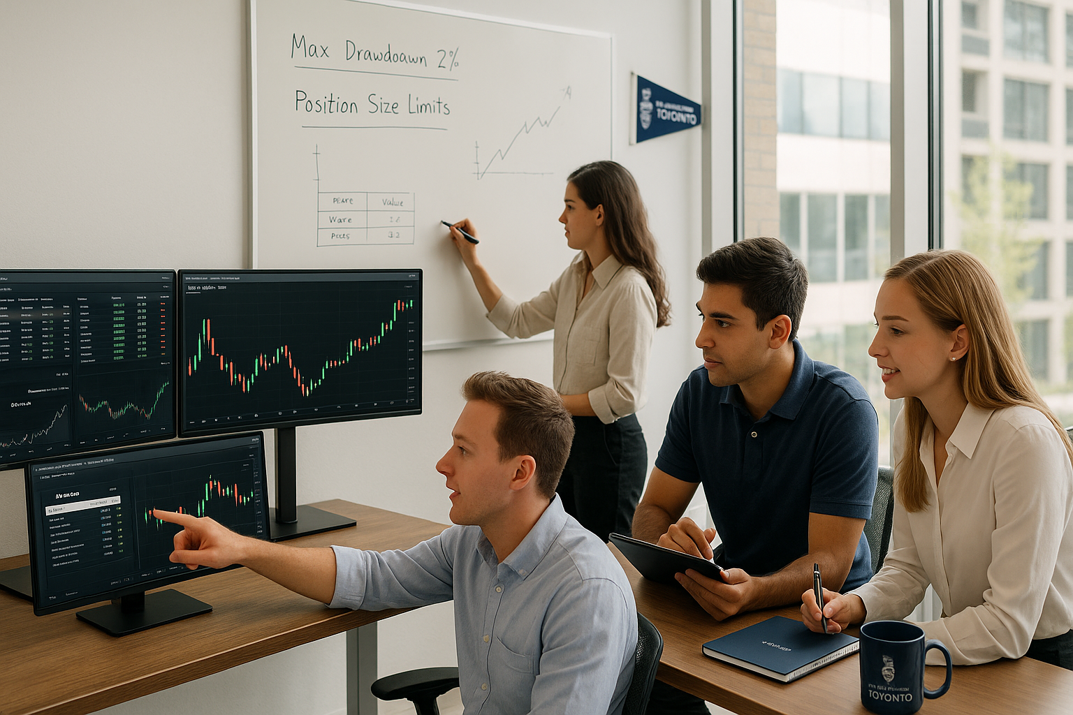 Students analyzing financial data and charts on multiple monitors in trading room