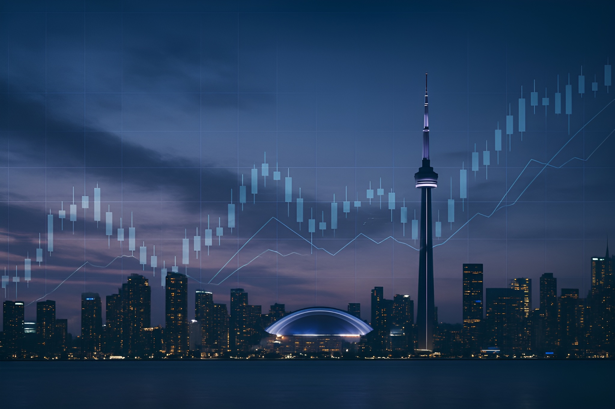 Toronto skyline with CN Tower and financial charts overlay